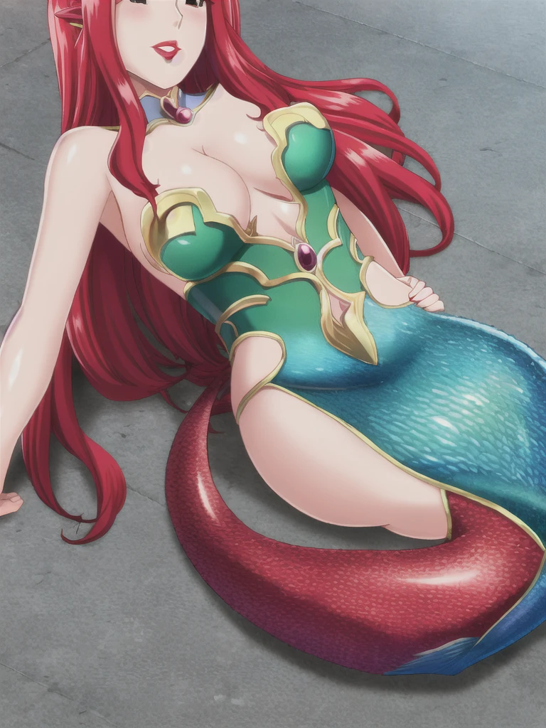 mermaid, solo, long hair, red lips, red hair, mermaid tail below waistline, red mermaid tail,