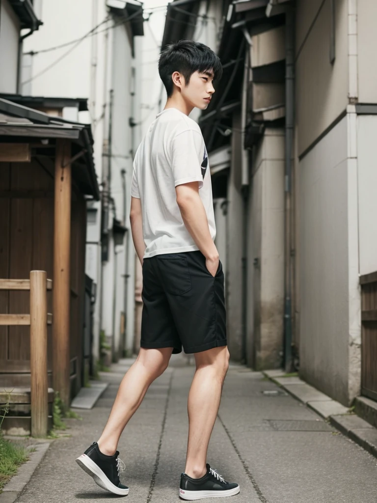 (super sharp focus), (Hairy legs), (((full body))), Japanese man, twenty years old, very short hair, Black Hair, Wearing shorts, from side