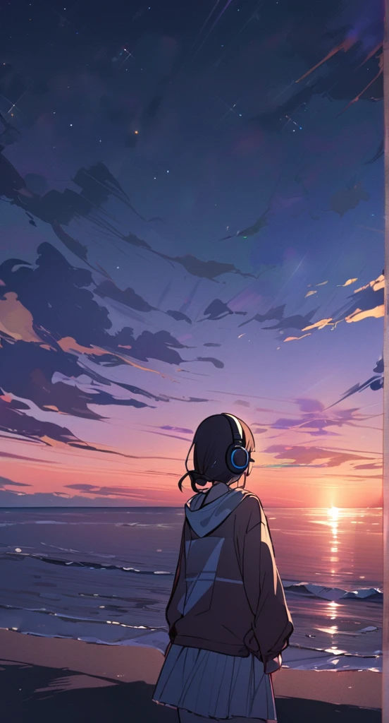 At dusk、A cute girl wearing headphones is watching the sunset on the beach。Madhouse-like colors。A touch like Makoto Shinkai。