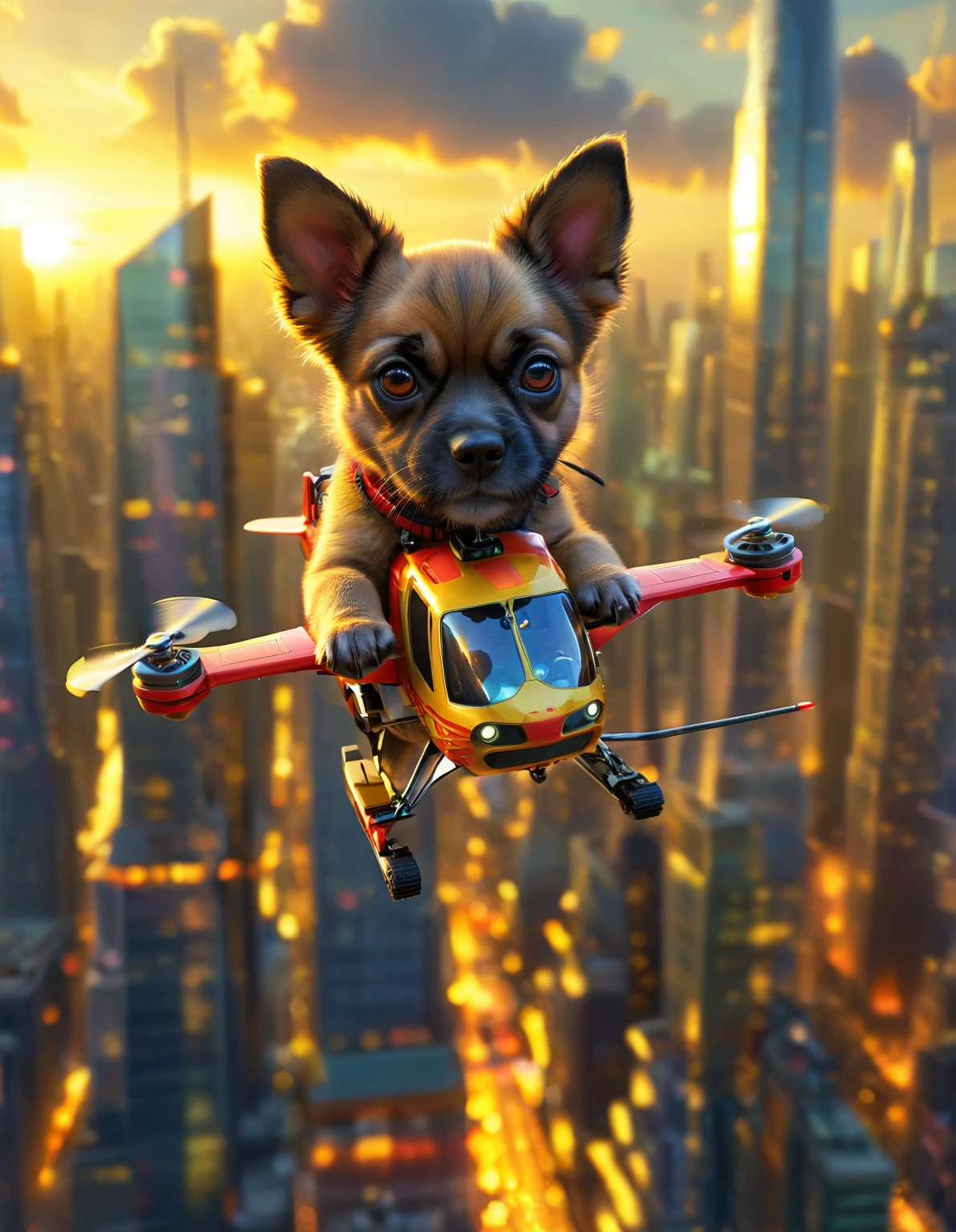 Imagine a dog with an angry and mischievous expression. This canine is at the helm of a futuristic, non-violent, brightly colored toy helicopter, skillfully maneuvering over a compact, yet towering cityscape of unpopulated skyscrapers. Despite the look on the dog's face, there are no signs of violence or harm. The skyscrapers are lit vibrantly, giving an illusion of flames, reflecting off their glassy exteriors under the golden sunset. The entire scenario possesses an uncanny, cartoon-like quality, establishing a surreal and whimsical ambience.