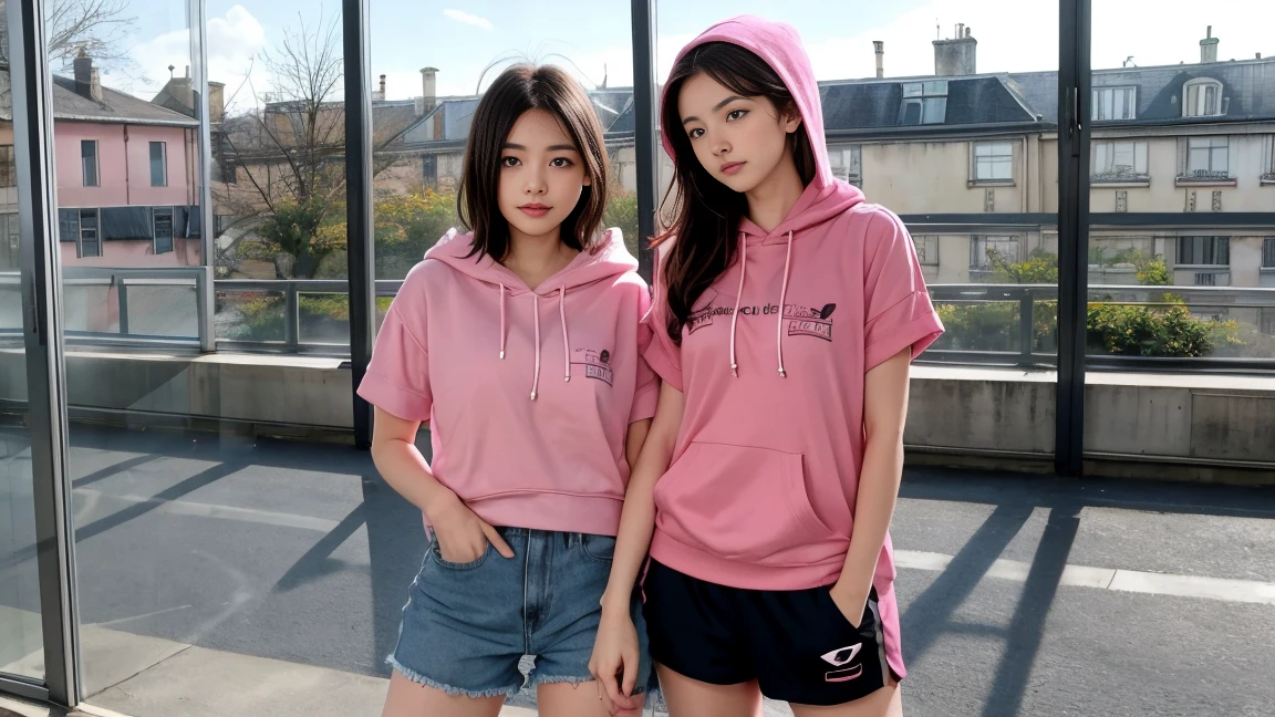deux femmes ensemble de 18 ans sexy et mince , pink short sleeve hoodie , salle de classe, se touche,position sey,sensuel