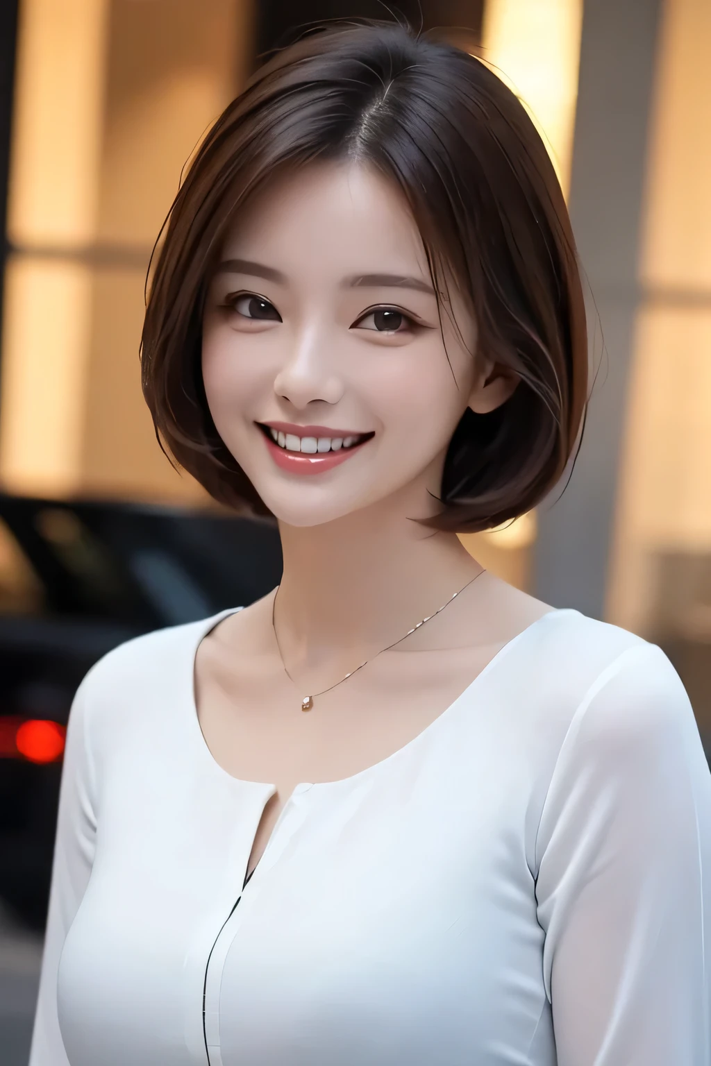 ((masterpiece)), ((Highest quality)), ((Complex)), ((Surreal)), (Realistic), (Mature Woman), ((No classes)), Very detailed, (1 female), Beautiful and exquisite, (Beautiful Teeth), Grin, Brunette bob hair, Brown eyes, ((blouse)), (Upper Body), (background:none), Perfect Eyes, Captivating eyes, Looking at the audience