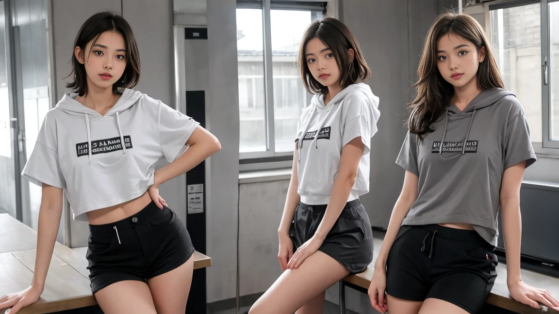 deux femmes ensemble de 18 ans sexy et mince , gray short sleeve hoodie , salle de classe, se touche,position sey,sensuel