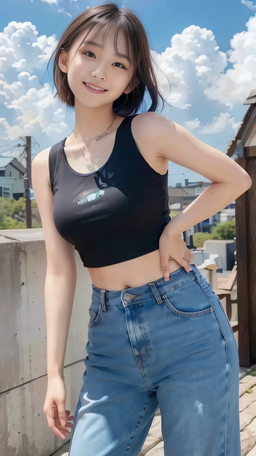 (Highest quality, 8k, 32K, masterpiece, Ultra-high resolution: 1.2), 1 girl, Beautiful Japanese Women, Tight waist, Wide leg pants, Belly button T-shirt, 18-year-old, Beautiful blue sky, (Cute pose: 1.2), Beautiful Face, (Smile at someone you like), Hair blowing in the wind,