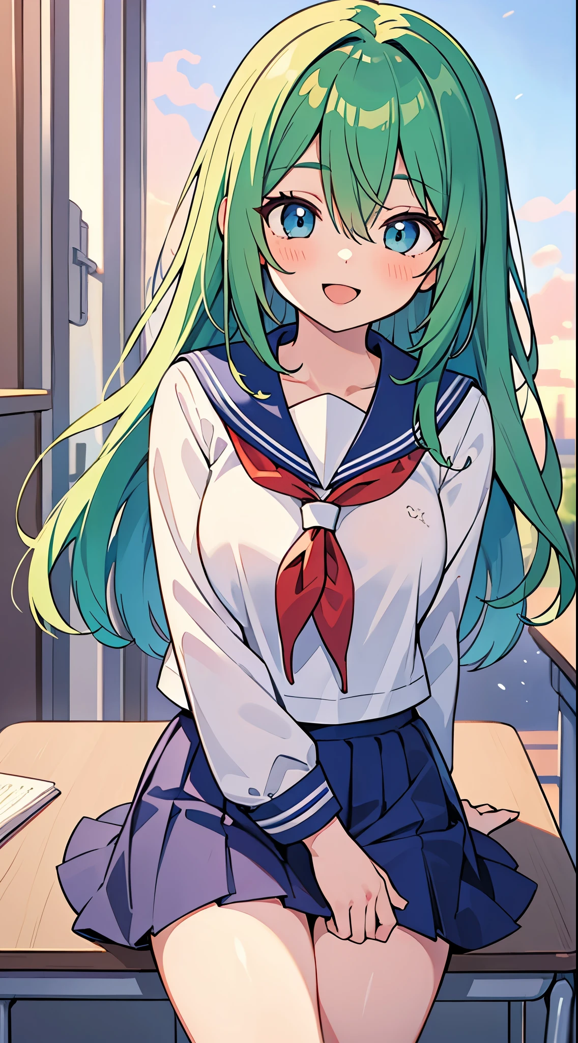((A pretty High School girl with green hair and blue eyes)), ((wearing a Sailor suit and a navy skirt)), , ((master piece, top-quality, ultra-definition, high resolution)), anime girl, ((ultra-detailed illust:1.2)), only one person, bangs, hair between eye, beautiful hair, Beautiful eyes, shiny eyes, highlight in the eyes, ((detailed eyes:1.2)), medium breasts, sitting, thighs, Big smile, blushing, opened mouth, in the classroom, at dusk, sunset