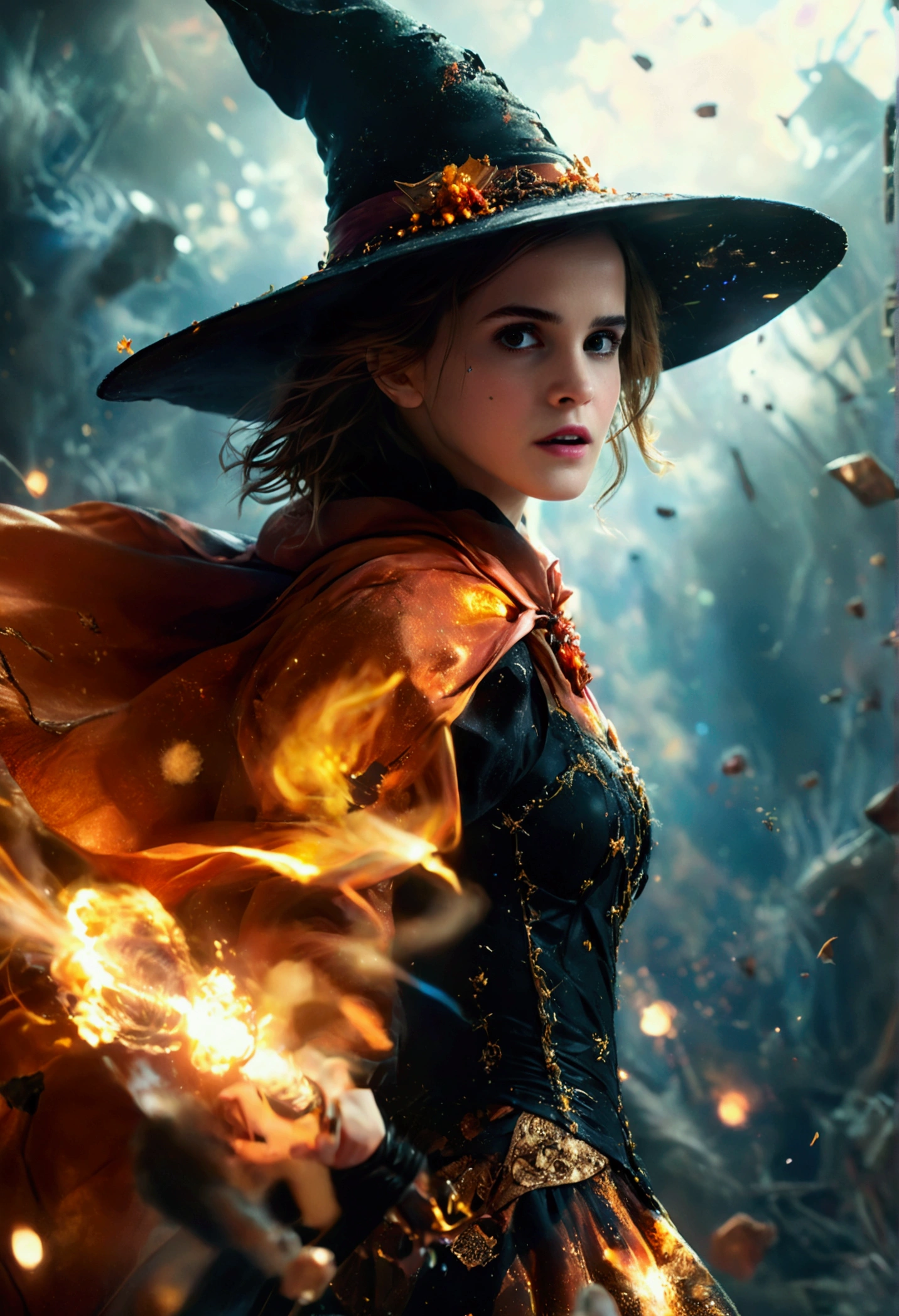 Highly detailed RAW photo of Emma Watson wearing witch dress flying in space on magical broom with horror background, dynamic pose, (wide hips), (detailed ), (detailed lips), (detailed eyes), (Sci-Fi setting) (detailed face), (curvy), detailed eyes, depth of field, soft lighting, masterpiece, best quality, intricate, (lens flare:0.7), (bloom:0.7), particle effects, raytracing, tone mapped, highly detailed, concept art, smooth, sharp focus, dramatic lighting, highly detailed artwork, cinematic, hyper realistic painting, trending on Artstation, 8K, incredible shadows, realistic, (highly detailed background:1.2), art by midjourney