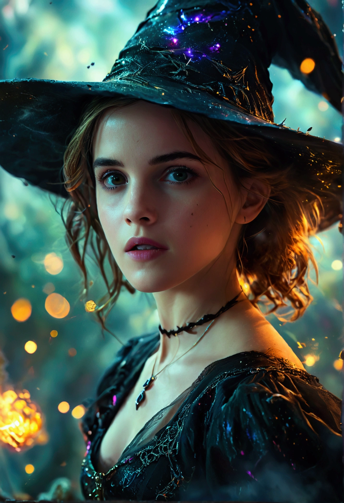 Highly detailed RAW photo of Emma Watson wearing witch dress flying in space on magical broom with horror background, dynamic pose, (wide hips), (detailed ), (detailed lips), (detailed eyes), (Sci-Fi setting) (detailed face), (curvy), detailed eyes, depth of field, soft lighting, masterpiece, best quality, intricate, (lens flare:0.7), (bloom:0.7), particle effects, raytracing, tone mapped, highly detailed, concept art, smooth, sharp focus, dramatic lighting, highly detailed artwork, cinematic, hyper realistic painting, trending on Artstation, 8K, incredible shadows, realistic, (highly detailed background:1.2), art by midjourney