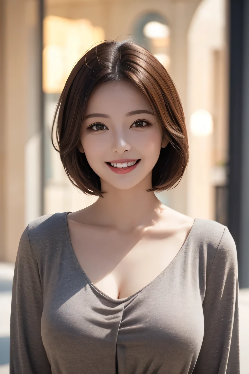((masterpiece)), ((Highest quality)), ((Complex)), ((Surreal)), (Realistic), (Mature Woman), ((No classes)), Very detailed, (1 female), Beautiful and exquisite, (Beautiful Teeth), Grin, Brunette bob hair, Brown eyes, ((blouse)), (Upper Body), (background:none), Perfect Eyes, Captivating eyes, Looking at the audience