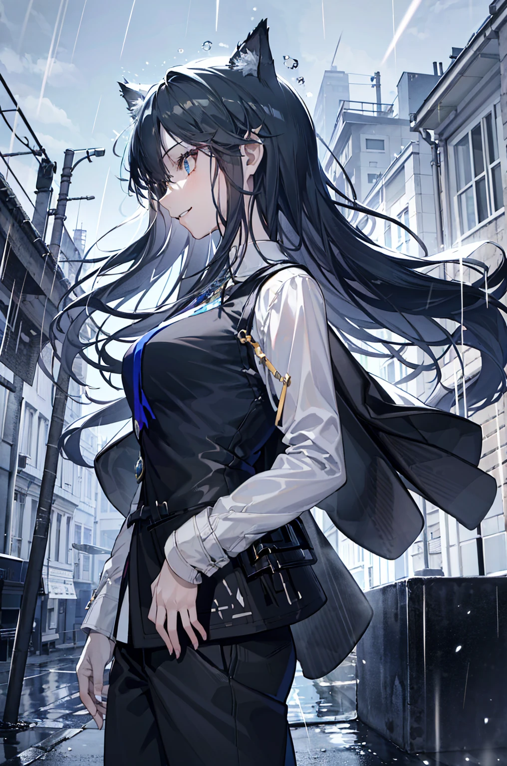 A masterpiece, best quality, Illustration style,
,smile, Anime woman, beautiful eyes, summer, Wide leg pants, sunglasses,small, Heartwarming, Youthful and beautiful,, Black and white,, showing a natural casual style. Dynamic posture contains the golden ratio, Large aperture portrait, White space, Strong contrast between light and shadow, Super texture, Super clear and concise pictures, presenting extremely beautiful, Elegant temperament, subtle facial expressions, City background, rain, Road area water reflection,one person