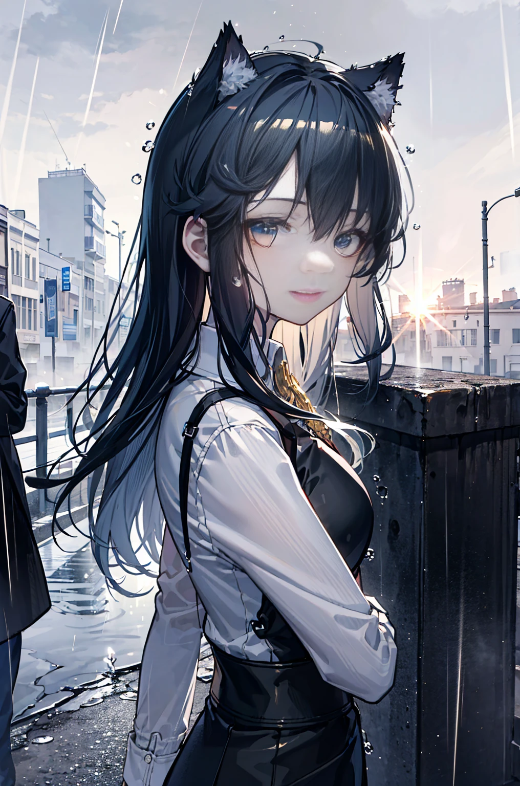 A masterpiece, best quality, Illustration style,
,smile, Anime woman, beautiful eyes, summer, Wide leg pants, sunglasses,small, Heartwarming, Youthful and beautiful,, Black and white,, showing a natural casual style. Dynamic posture contains the golden ratio, Large aperture portrait, White space, Strong contrast between light and shadow, Super texture, Super clear and concise pictures, presenting extremely beautiful, Elegant temperament, subtle facial expressions, City background, rain, Road area water reflection,one person