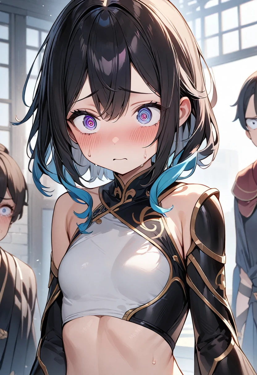 (masterpiece, top quality, very aesthetic, 4k、illustration), intricate detail, 1girl,Standing 、(upper body)、Despairing face、(Swirling eyes:1.3),Cute 、Random Hair Color、,middle hair,sidelock ,Random Color　eyes、ninjaarmor clothes、small breasts、Slim 、