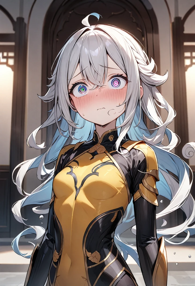 (masterpiece, top quality, very aesthetic, 4k、illustration), intricate detail, 1girl,Standing 、(upper body)、Despairing face、(Swirling eyes:1.3),Cute 、Random Hair Color、,middle hair,sidelock ,Random Color　eyes、ninjaarmor clothes、small breasts、Slim 、