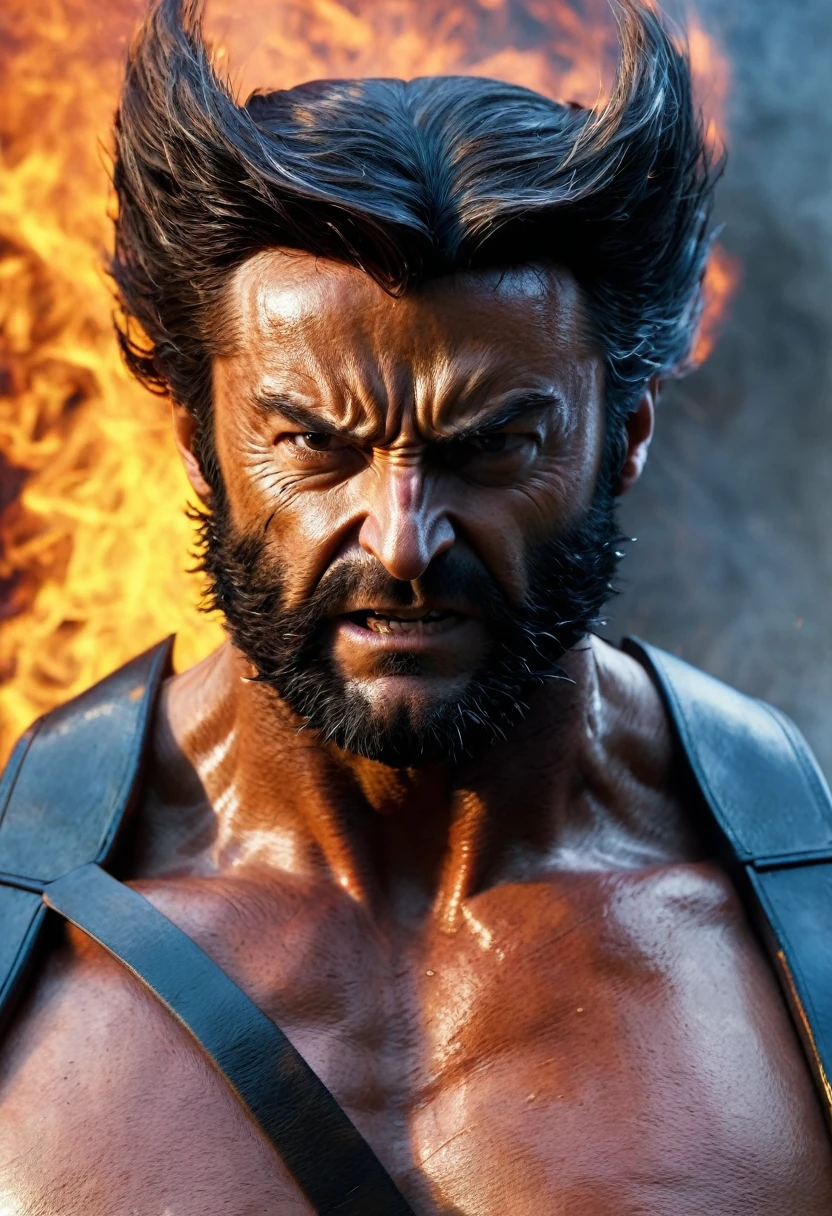 Marvel - Wolverine, close-up photo, brilliant smoke and fire background, great battle to save the world, masterpiece, 8K, realitic