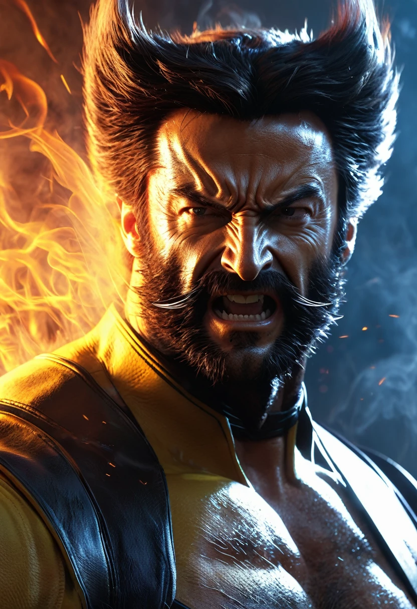 Marvel - Wolverine, close-up photo, brilliant smoke and fire background, great battle to save the world, masterpiece, 8K, realitic