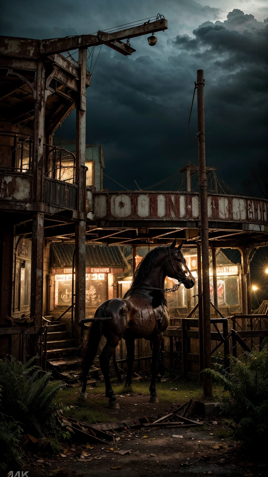 Dilapidated abandoned amusement park, Rusty and broken vehicles, Dilapidated merry-go-round horse, Flickering Light, Fallen leaves,(Highest quality,4K,8k,High resolution,masterpiece:1.2),Very detailed,(Realistic,photoRealistic,photo-Realistic:1.37),dark,Sulky,Atmospheric,Creepy,Ghostly,Cinematic,Dramatic lighting,Calm colors,dark,Overgrown,Abandoned,Corrupt,Forgotten,melancholy