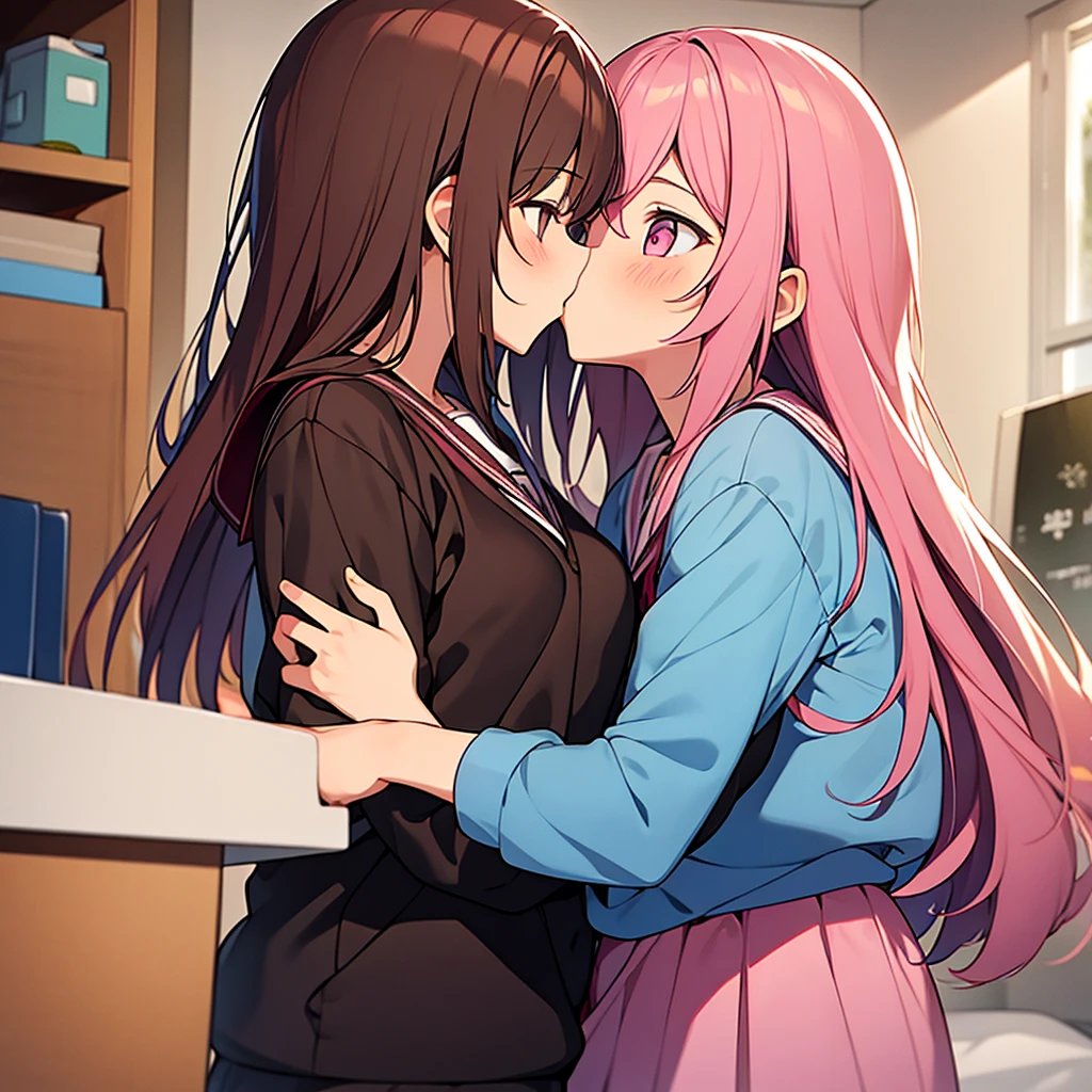 The girl has pink hair and school clothes And the girl has brown hair and school clothes He kisses at home
