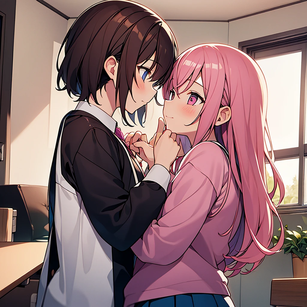 The girl has pink hair and school clothes And the girl has brown hair and school clothes He kisses at home 