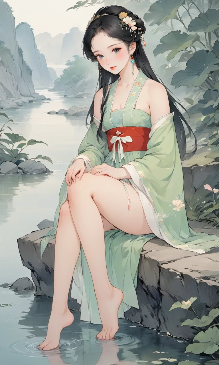 8K, masterpiece, best quality, 2D, (Traditional Chinese ink painting:0.2), (Perfect hands:1.4), stocking,Wearing Hanfu,The stocking on the legs are exposed,River in the background,koyama,Small animals