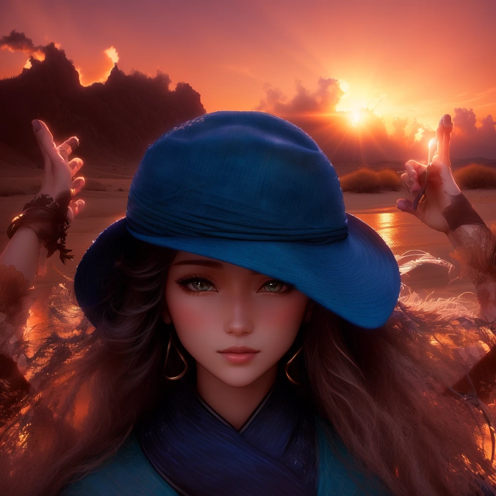 Wear a hat、Arabian woman with blue manicure on her hands, woman with hat, Sunlight behind the woman, sundownに, looking sundownに, The Best of Adobe Stock, Hinata, she is Wear a hat, Girl watching sunset, Bright sunlight, sundown, 旅行用のWear a hat, sundownに, Wear a hat, sundownに
