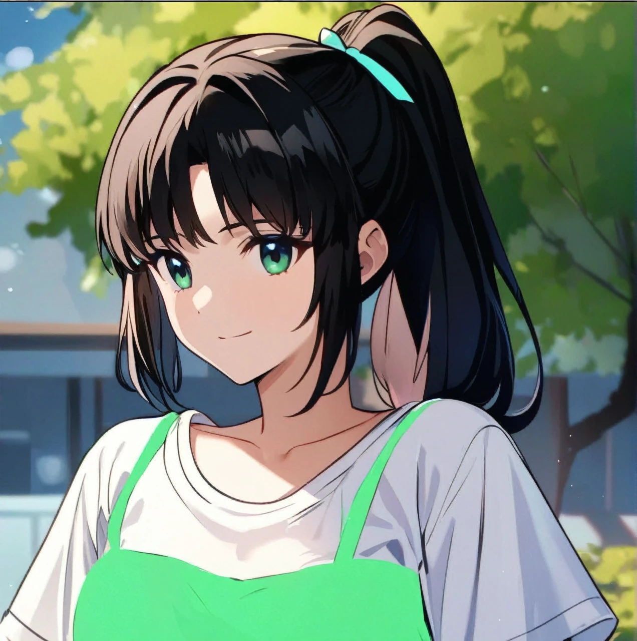 ((masterpiece)), ((Highest quality)), ((High resolution)), ((1girl)), alone, ((Cute woman)), ((A beautiful 20-year-old young woman)), ((She has a baby face and looks like a high school girl.)), (Beautifully detailed face), (ponytail), Green ribbon, ((Black Hair)), ((active character)), ((light smile))