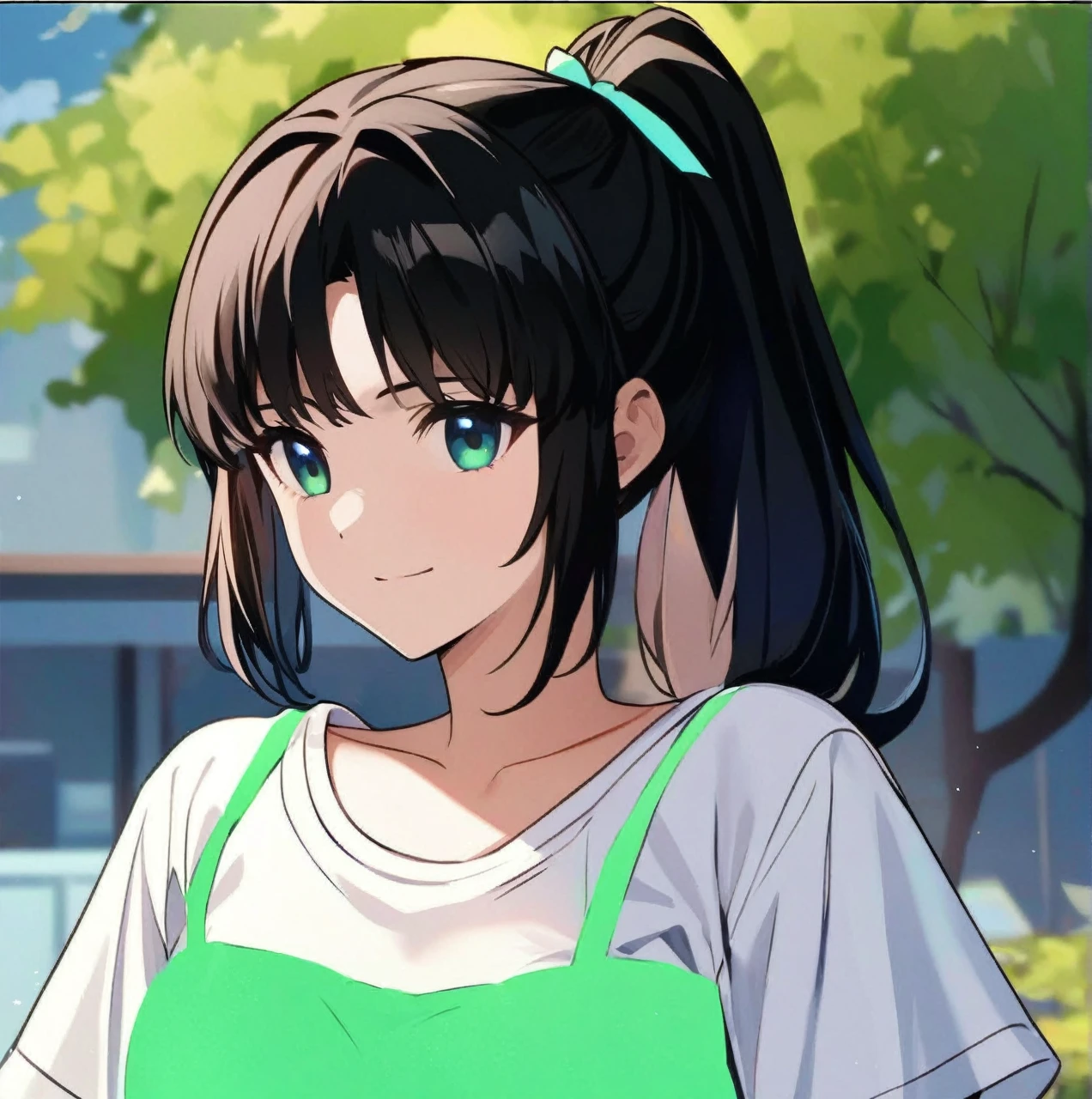 ((masterpiece)), ((Highest quality)), ((High resolution)), ((1girl)), alone, ((Cute woman)), ((A beautiful 20-year-old young woman)), ((She has a  face and looks like a high school girl.)), (Beautifully detailed face), (ponytail), Green ribbon, ((Black Hair)), ((active character)), ((light smile))