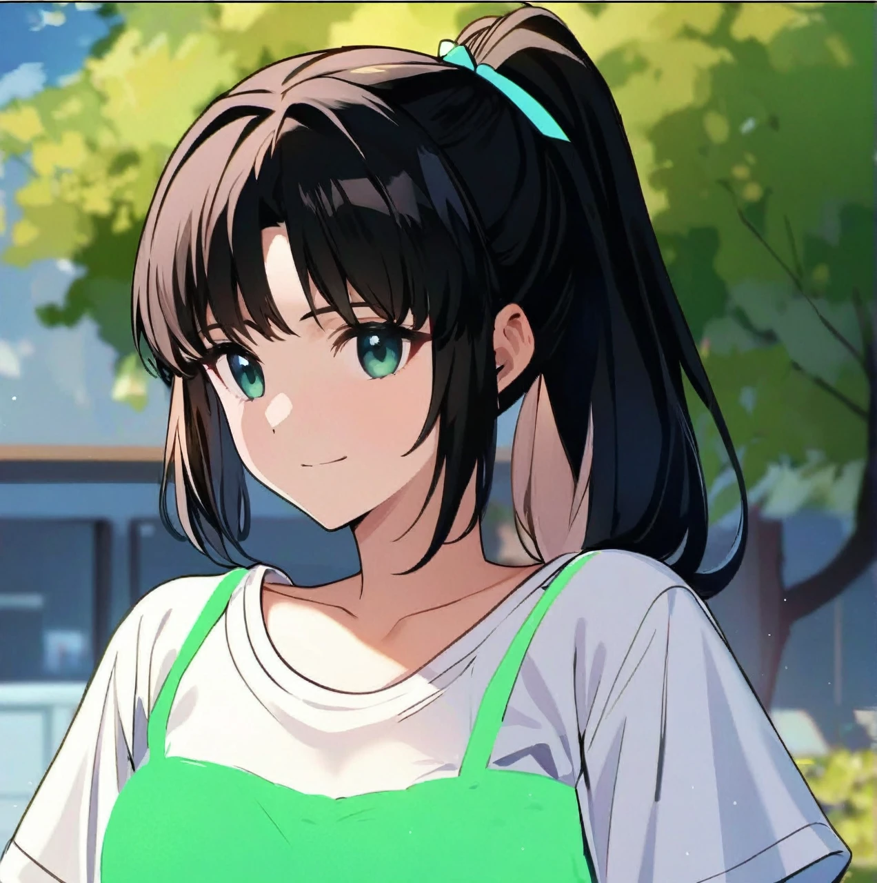 ((masterpiece)), ((Highest quality)), ((High resolution)), ((1girl)), alone, ((Cute woman)), ((A beautiful 20-year-old young woman)), ((She has a  face and looks like a high school girl.)), (Beautifully detailed face), (ponytail), Green ribbon, ((Black Hair)), ((active character)), ((light smile))