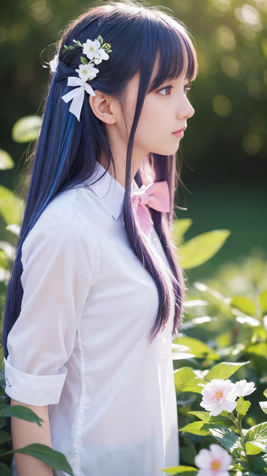 Highest quality, masterpiece, Very detailed, Detailed Background, One girl, alone, Long Hair, flower, Blue Hair, White Background, pink flower, Simple Background, profile, Upper Body, shirt, white shirt, white flower, bow, bangs, Purple eyes, leaf, blush