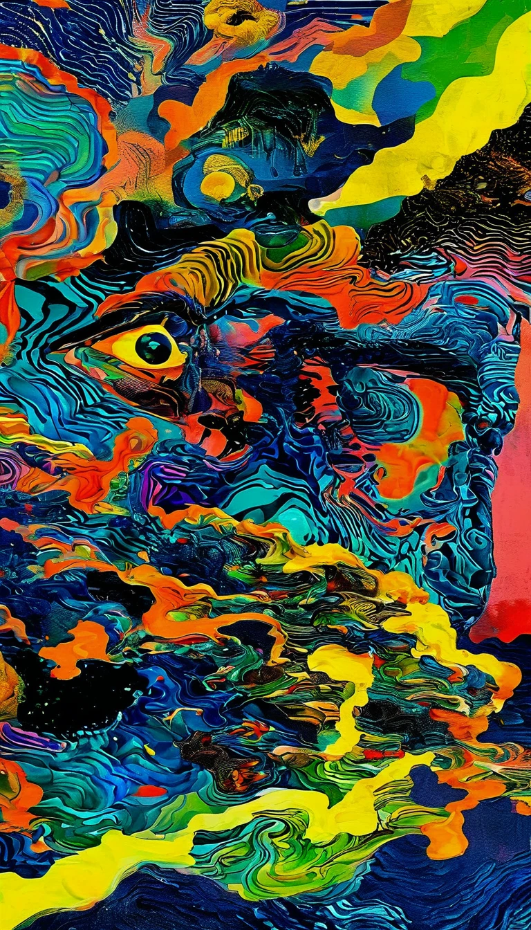Psychedelic风格男, (Model pose, epic:1.0) . Vibrant colors, Rotate the pattern, Abstract Form, Surrealism, Psychedelic