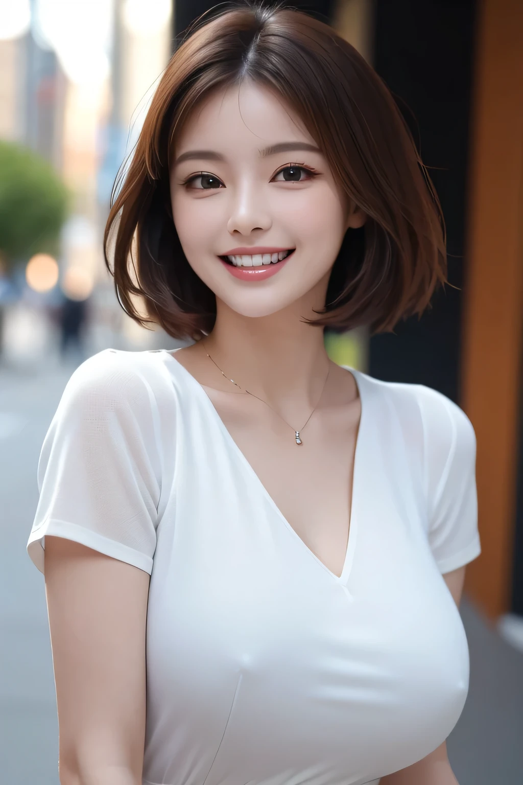 ((masterpiece)), ((Highest quality)), ((Complex)), ((Surreal)), (Realistic), (Mature Woman), ((No classes)), Very detailed, (1 female), Beautiful and exquisite, (Beautiful Teeth), Grin, Brunette bob hair, Brown eyes, ((blouse)), (Upper Body), (background:none), Perfect Eyes, Captivating eyes, Looking at the audience