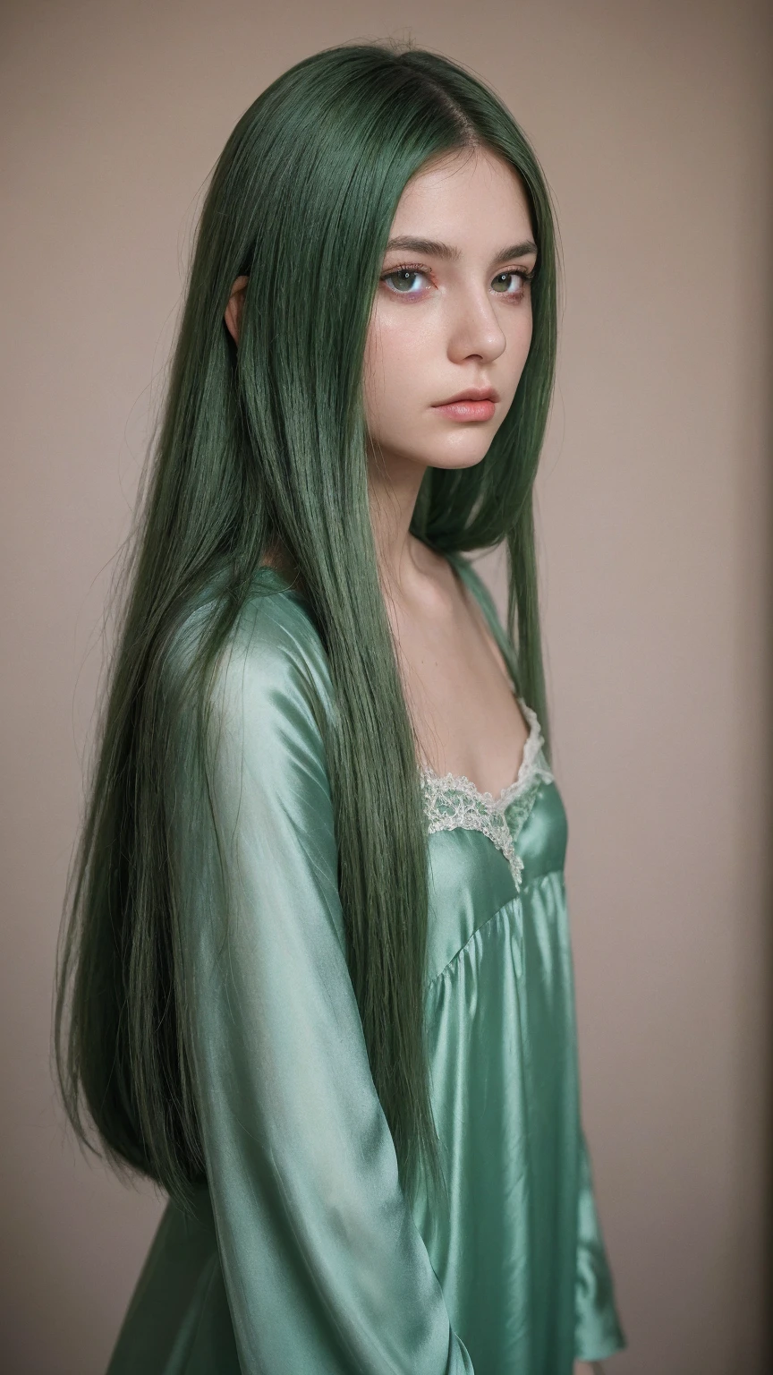 a girl. Europe. delicate facial features. charming. Oval face. expression of sadness and disappointment. green hair. green eyes. long straight hairstyle. messy hair. wear silk nightgown. straight face. standing posturea girl. Europe. delicate facial features. charming. Oval face. expression of sadness and disappointment. green hair. green eyes. long straight hairstyle. messy hair. wear silk nightgown. straight face. standing posture