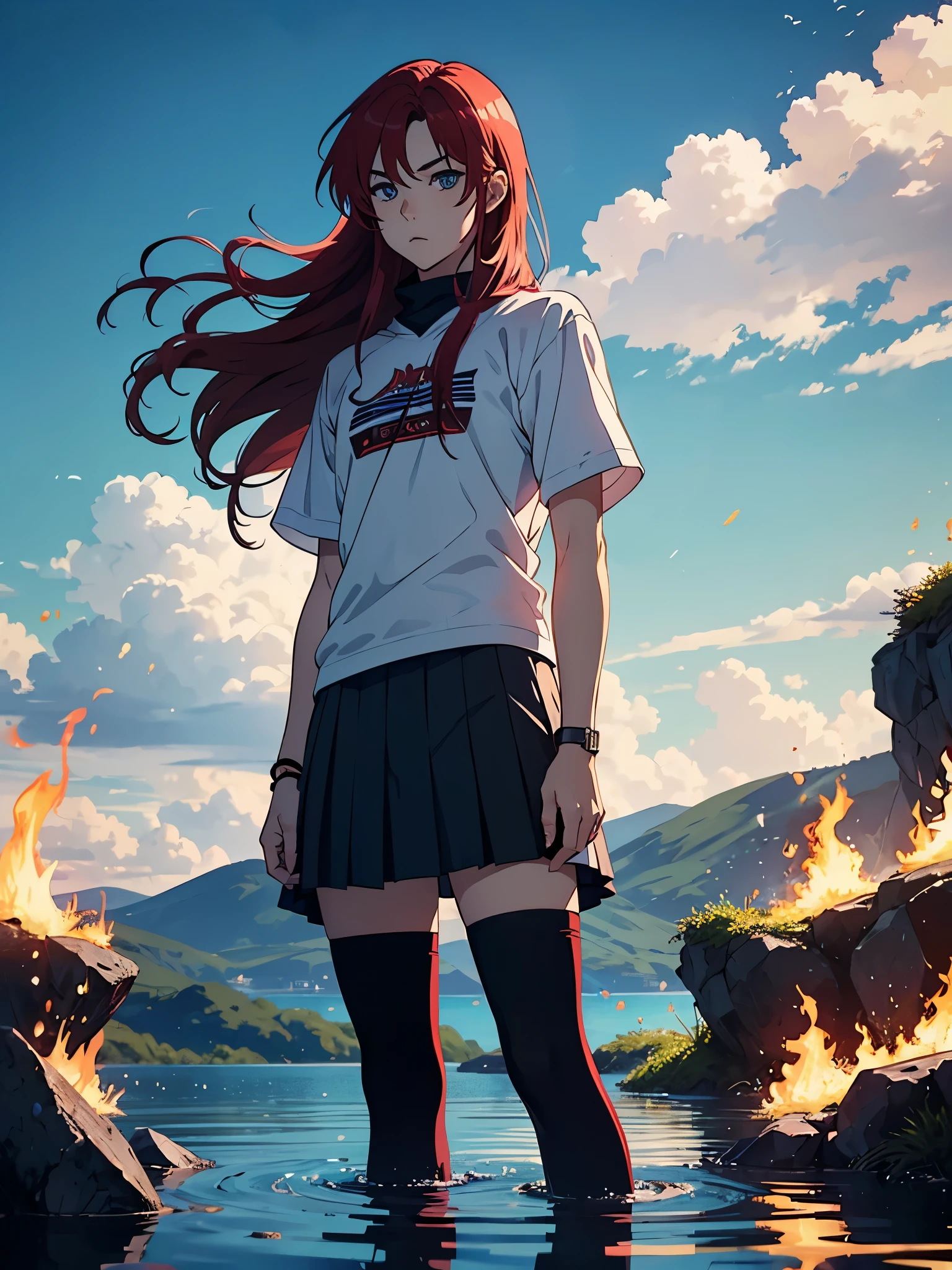 Boy. Short Skirt. More anime style. blue flames. 2d. flatter. anime style. Viking clothing. soft. More anime. Standing in a lake. More anime. More 2d. Clean. More anime. 2d. Glow. Red hair. More anime. male. Long hair. long red hair. boy, vikings. red hair. Blue eyes. fire. 