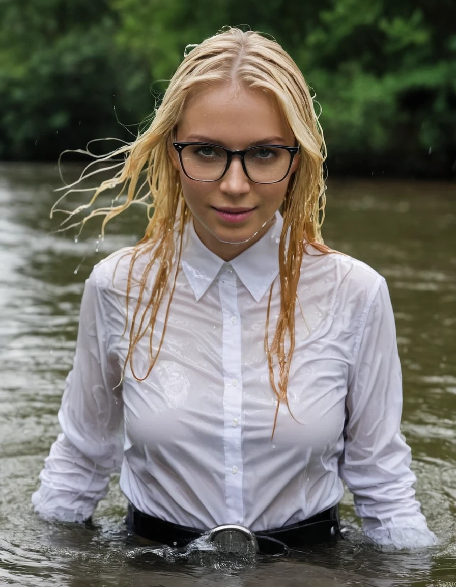 (heavy rain), (perfect photo of a beautifully soaked, gorgeous blonde lady with glasses), (wet hair:1.3), (emerging out from water:1.3), she proudly wears her (wet white shirt:1.3) buttoned to the top, with (long sleeves that extends to her wrists), as she feels the collar of her shirt, (in a river), (only head and shoulders visible on the water:1.4), partially submerged, (kinkily smiling directly at camera with an (aroused expression from being soaking wet), inviting you in), (her black trousers with a belt are visible under the water), photographed on a Fujifilm XT3, 80mm F/1.7 prime lens, cinematic film still, cinestill 500T, highly detailed, masterpiece, highest quality, intricately detailed, HDR, 16k, uhd, photorealistic