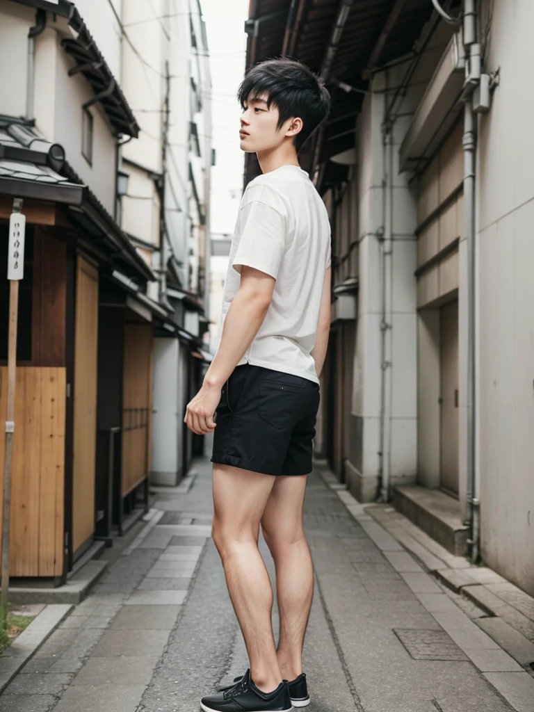 (super sharp focus), (Hairy legs), (((full body))), Japanese man, twenty years old, very short hair, Black Hair, Wearing shorts, from side