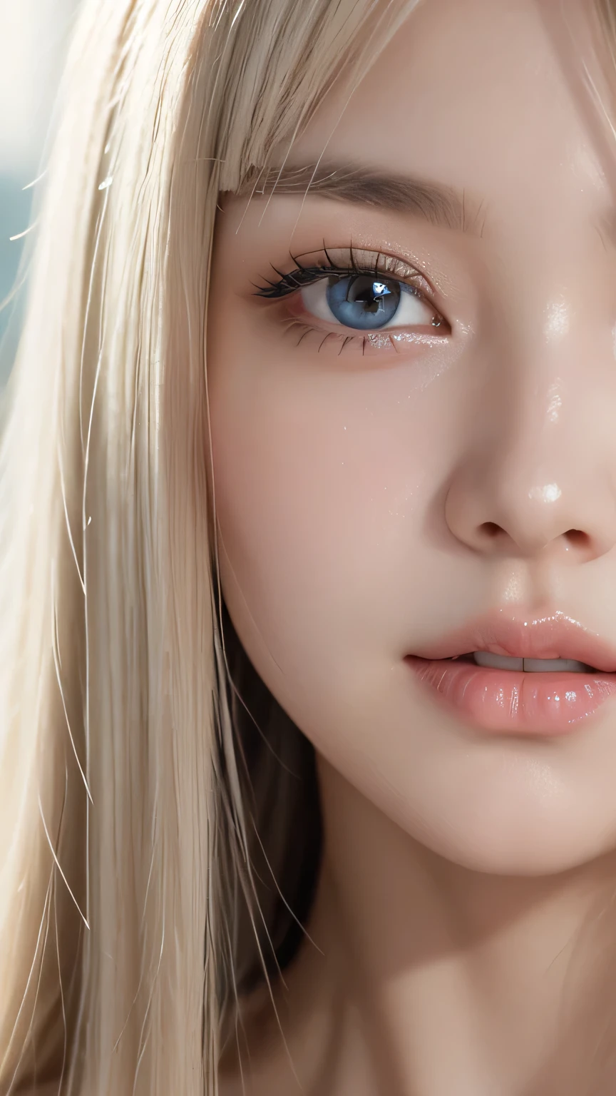 (Close-up:1.4)、(RAW shooting:1.2)、(Photorealistic:1.4)、(masterpiece:1.3)、(Highest quality:1.4)、Bright expression、Very beautiful girl、An exceptionally beautiful girl、Cute and beautiful face details、Beautiful Bangs、Radiant, fair, glowing skin、Facial hair、Bangs that reach the face、Bangs between the eyes、Super long hair、Super long, straight, silky hair with a striking platinum blonde hue、Thin Hair、Attractive shining beautiful bright clear light blue big eyes、one piece、eyeliner、double eyelid、Ample Bust、Upper Body、