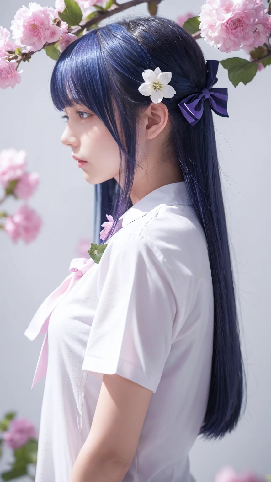 Highest quality, masterpiece, Very detailed, Detailed Background, One girl, alone, Long Hair, flower, Blue Hair, White Background, pink flower, Simple Background, profile, Upper Body, shirt, white shirt, white flower, bow, bangs, Purple eyes, leaf, blush