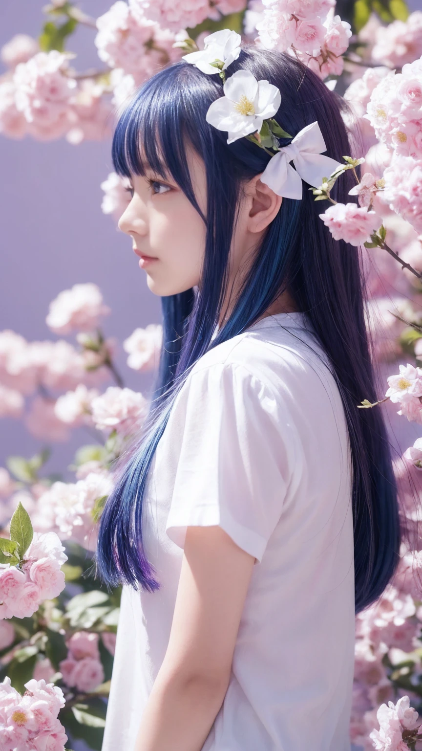 Highest quality, masterpiece, Very detailed, Detailed Background, One girl, alone, Long Hair, flower, Blue Hair, White Background, pink flower, Simple Background, profile, Upper Body, shirt, white shirt, white flower, bow, bangs, Purple eyes, leaf, blush