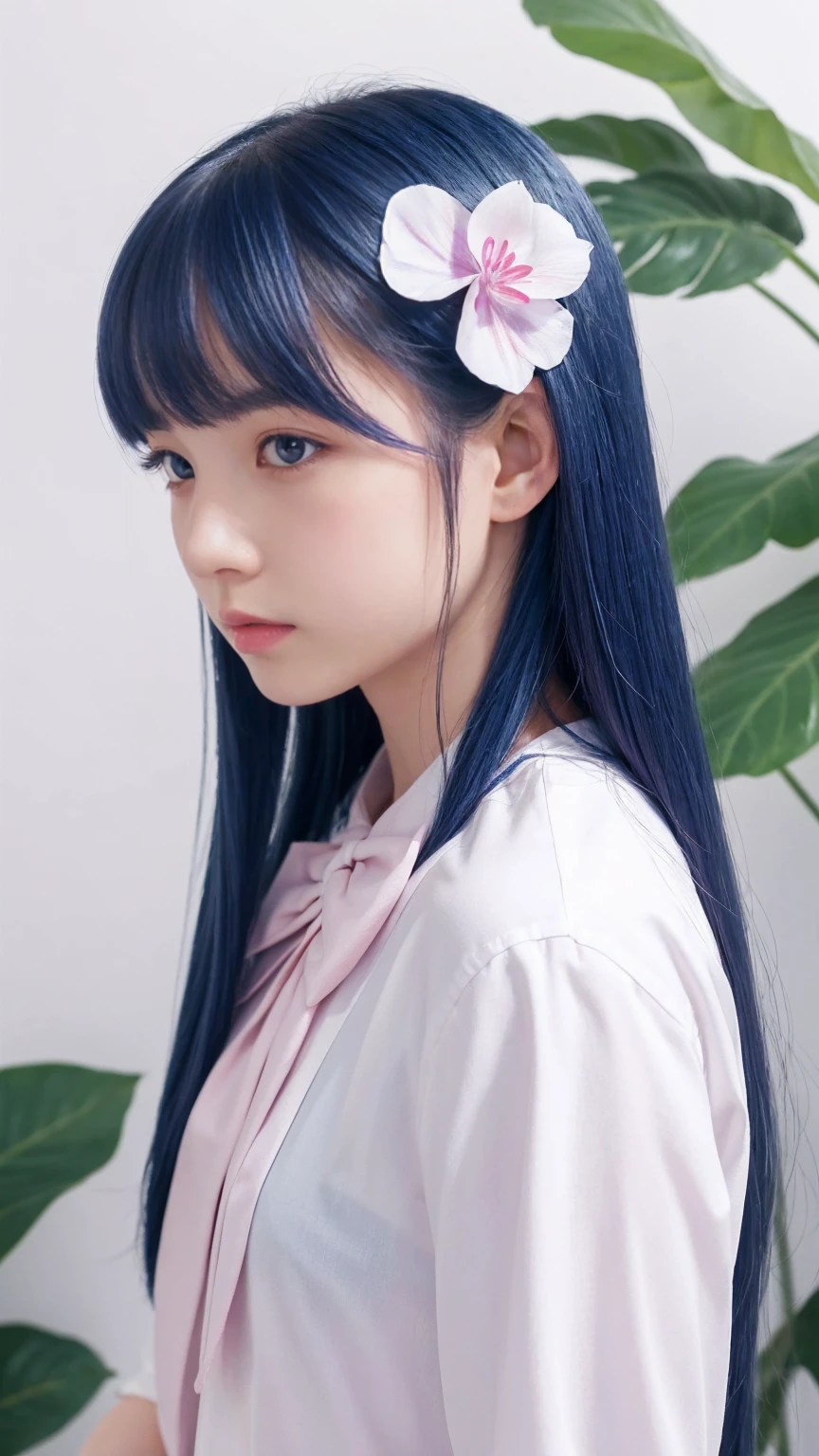 Highest quality, masterpiece, Very detailed, Detailed Background, One girl, alone, Long Hair, flower, Blue Hair, White Background, pink flower, Simple Background, profile, Upper Body, shirt, white shirt, white flower, bow, bangs, Purple eyes, leaf, blush