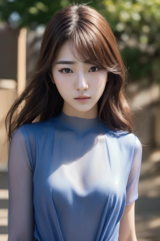 (masterpiece, Highest quality:1.2), (RAW Photos, Realistic, photoRealistic:1.3), (8k, High resolution, Super detailed:1.2), One girl, (Perfect Anatomy), (Focus on the face, View your viewers), (Korean Beauty, K-Pop Idols), (Fine eyebrows, Realistic beautiful eyes, Realistic glossy skin, Beautifully detailed and handsome face:1.2), bangs, (thin, Small breasts, thinウエスト:1.3), (Realistic cinematic lighting, Detailed shadow casting:1.2), Outdoor