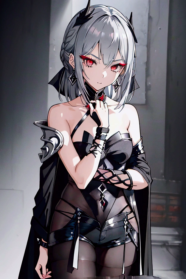 8k,High resolution RAW color art,Anime Art, (((Very detailed and cool))), Detailed skin, Blur、texture,(Exquisitely crafted, The finer details, Ultra-detailed art), (((1 girl))), Depth of written boundary, Silky Touch, Hyper Detail, (((Cool face))), eye shadow、Silver Marble Skin, Beautiful detailed red eyes, Beautiful lip detail, Very delicate face, Delicate depiction of hair and eyes, Detailed Fashion, Silver earrings,Silver Bracelet、Full body depiction, Black half top、(((Shoulder Bare)))、Black shorts、black waist cloak、black tights、 A little bit of grey hair, Straight Hair、Semi-long hair、(((Hair)))、water surface、silk clotheatte