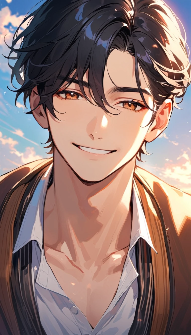 A handsome man, black hair, short hair, light smile, happy