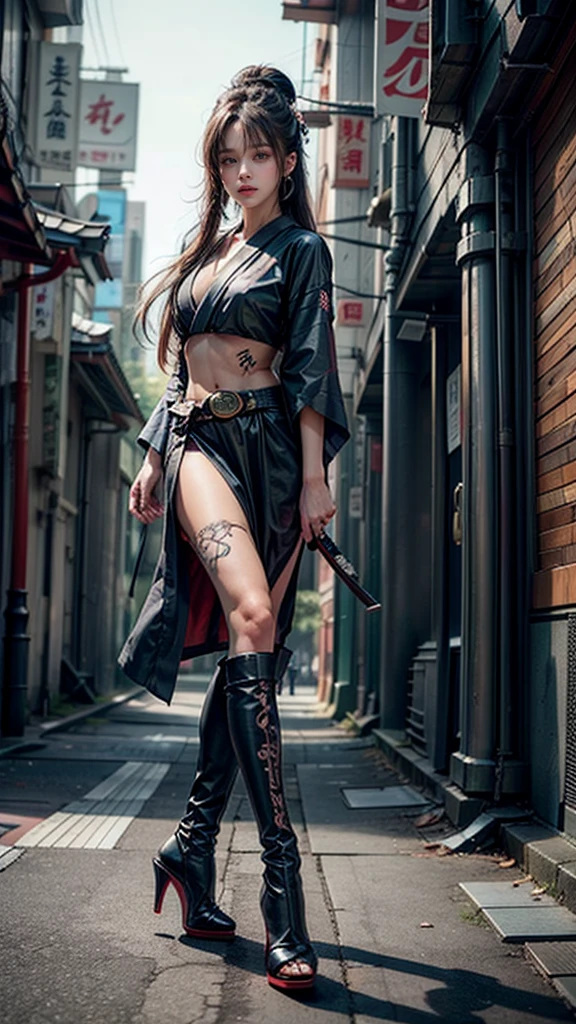 美しい顔Beautiful hot woman, (35 years old), cute face, red lips, white moist skin, moles, (under-eye bags),
BREAK,
Feminine body with high athletic ability, Body of a female fitness model, medium breasts, Feminine body with hard tones, (Muscles: 1.2), (Beautiful belly button),
BREAK,
Fighter, Kung Fu fighter, Idol, (Yakuza), (Yakuza),
BREAK,
(Wearing a cute black kimono: 1.3), (Kimono with a lot of exposure), (Stiletto heels, black long boots 1.3), necklace, very large earrings, short length,
BREAK,
Long brunette hair, (long brunette hair), (Bangs: 1.2), (brunette hair: 1.3), (long hair),
BREAK,
(Very large Japanese sword: 1.4), (Holding the handle of a Japanese sword: 1.3), (Fighting: 1.2), (Getting into a fighting stance), (Beautiful blade of a Japanese sword: 1.2)
BREAK,
(Japanese tattoo: 1.4),
BREAK,
Masterpiece, Perfect lighting, Ultra high resolution, 8K, (Very detailed: 1.4), (From the front), Looking at the camera, Melancholic expression,
BREAK,
(Tokyo city, lots of people in the background: 1.2), Background of the city of Shibuya, Tokyo, Japan,