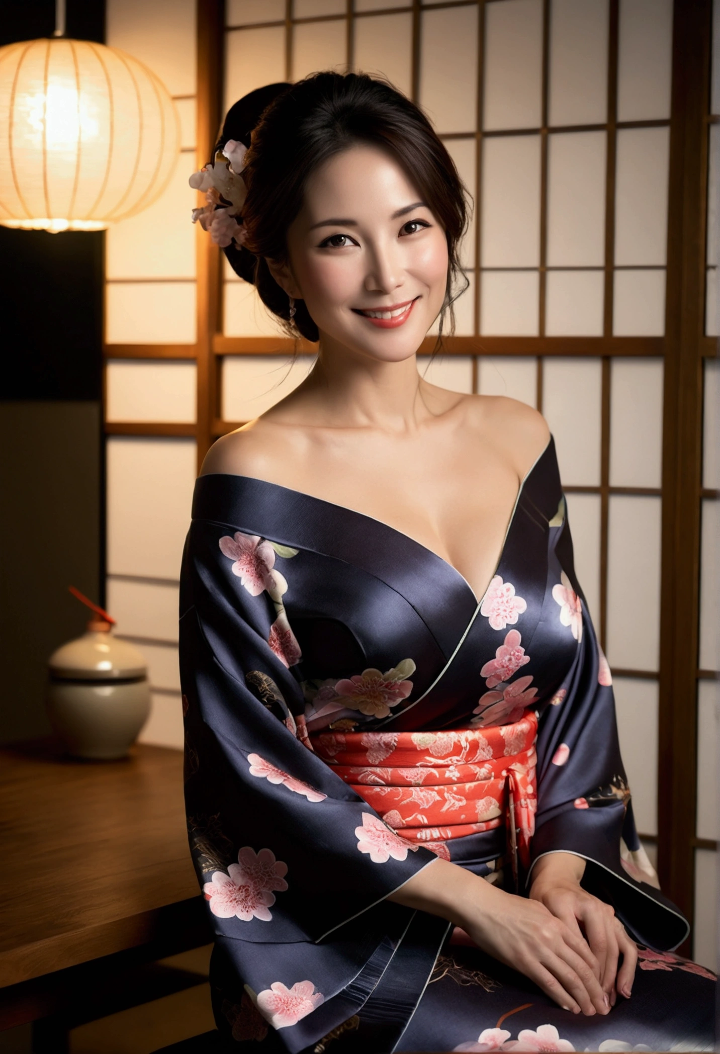 ((night, Real Light, Highest quality, 8k, masterpiece: 1.3)), 45-year-old woman, Beautiful woman, Slim figure: 1.4, (Dark brown hair), (Off the shoulder), (kimono)), ((Cleavage)), ((美しいkimono)), (night), Highly detailed face and skin texture, (Sitting),  (((smile))),(((Leaning forward))