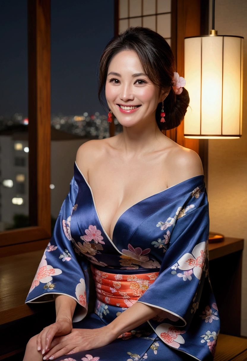 ((night, Real Light, Highest quality, 8k, masterpiece: 1.3)), 45-year-old woman, Beautiful woman, Slim figure: 1.4, (Dark brown hair), (Off the shoulder), (kimono)), ((Cleavage)), ((美しいkimono)), (night), Highly detailed face and skin texture, (Sitting), (((smile))),(((Leaning forward))