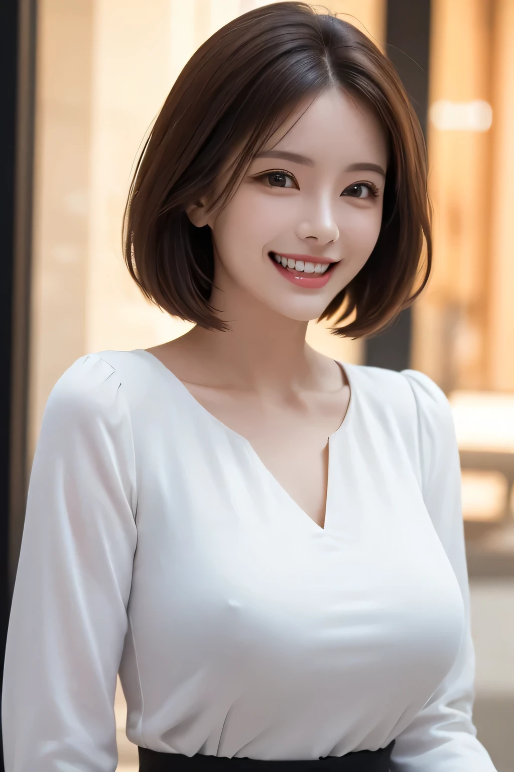 ((masterpiece)), ((Highest quality)), ((Complex)), ((Surreal)), (Realistic), (Mature Woman), ((No classes)), Very detailed, (1 female), Beautiful and exquisite, (Beautiful Teeth), Grin, Brunette bob hair, Brown eyes, ((blouse)), (Upper Body), (background:none), Perfect Eyes, Captivating eyes, Looking at the audience