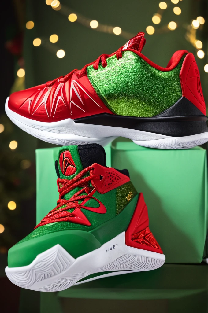 "Create a pair of Kobe Bryant signature basketball shoes designed specifically for Christmas. The shoes should feature a festive green color as the primary base, accented with holiday-themed elements such as gold detailing and red highlights. The design should incorporate Kobe Bryant's iconic logo and number, with a focus on combining holiday spirit with a sleek, modern athletic aesthetic. Consider incorporating subtle snowflake patterns or Christmas lights for an extra festive touch. The shoes should be both stylish and functional, suitable for both on-court performance and off-court wear during the holiday season."