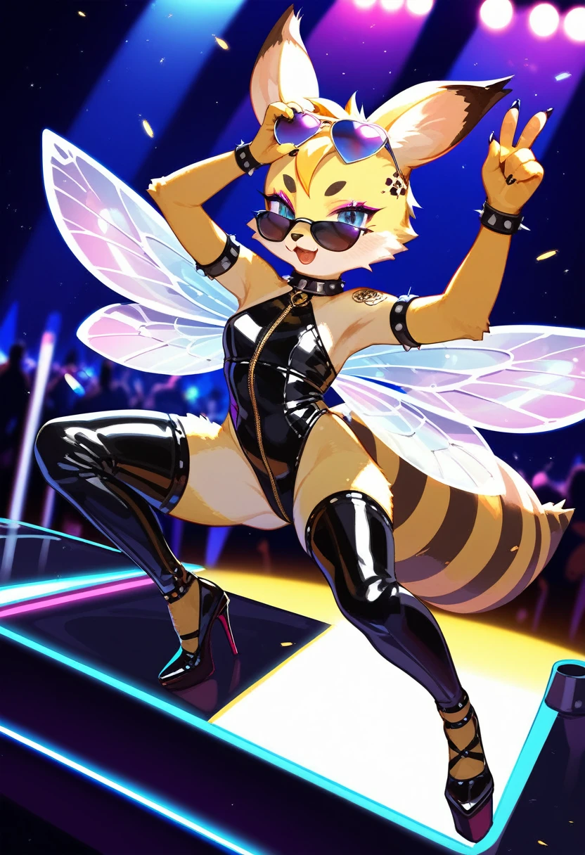 Highest quality, Highest quality, High quality illustrations, masterpiece, Ultra-high resolution, Detailed Background, club, Disco, Absurd, Perfect Anatomy, performance, Good lighting, Shadows in the movies(kemono, Furry Personifi猫ion), bee, latex, neon, neonカラー, cyber punk, 蜜beeの衣装, 蜜beeコスプレ, ラバーの蜜beeの尻尾, Bee Wings, enamel, sunglasses, Tattoo, High heels, Dynamic Angle