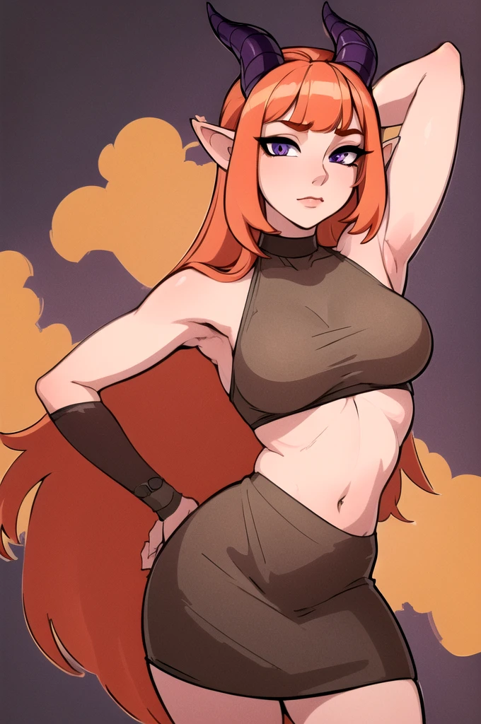 (masterpiece, Best quality, a high resolution:1.4), (original), (very detailed wallpaper), very detailed illustrations, 1 girl, One, Long orange hair, horns, pointed ears, purple eyes, draw up, pomade, I look at the viewer, Big breasts, Crop top, looking back, armpit, showing my armpit