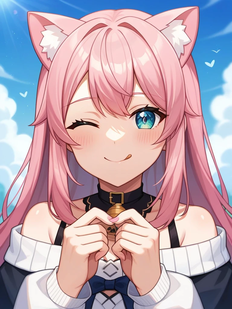 Adult, Female, long pink hair, winking, smiling, tongue out, vtuber, otaku bedroom, Masterpiece, Accurate, Anatomically Correct, Best Quality, High Details, Detail, Super Detailed, Best detail, Perfect detail, Amazing detail, [-3, 3], perfect hands, best hands, best fingers, perfect fingers, perfect body, best body, amazing body, Looking at viewer, front facing, upper body shot, Cat Ears, Close-Up, 