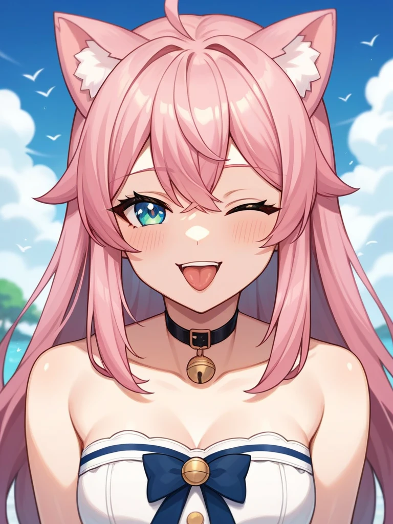 Adult, Female, long pink hair, winking, smiling, tongue out, vtuber, otaku bedroom, Masterpiece, Accurate, Anatomically Correct, Best Quality, High Details, Detail, Super Detailed, Best detail, Perfect detail, Amazing detail, [-3, 3], perfect hands, best hands, best fingers, perfect fingers, perfect body, best body, amazing body, Looking at viewer, front facing, upper body shot, Cat Ears, Close-Up, 