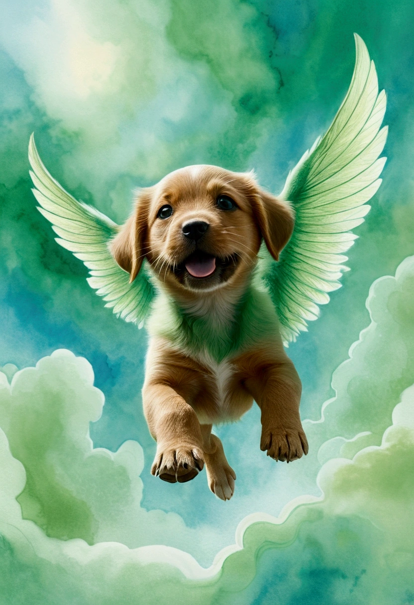 (Flying Puppy), sky, reaching the critical point of (sky blue) shown as (Mars Green) fractal shapes blending together, in Ethereal Watercolor style, with dreamy washes, full body, award-winning, cinematic still, emotional, vignette, dynamic, vivid, (masterpiece, best quality, Professional, perfect composition, very aesthetic, absurdres, ultra-detailed, intricate details:1.3)
